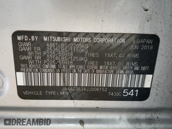 2018 Mitsubishi Outlander ES with VIN JA4AZ3A34JJ006152, listed as a Copart auction lot 58596085 with 126,117 mi miles and Salvage title. Bid and sale history available at DreamBid. Image 13.