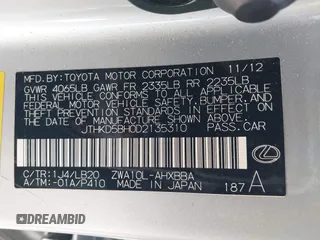 2013 Lexus CT 200h with VIN JTHKD5BH0D2135310, listed as a IAAI auction lot 40105012 with 101,930 mi miles and . Bid and sale history available at DreamBid. Image 9.