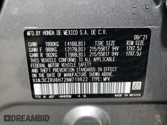 2022 Honda HR-V EX-L with VIN 3CZRU6H72NM719622, listed as a Copart auction lot 86603854 with 37,368 mi miles and Salvage Title. Bid and sale history available at carsss.com. Image 15.