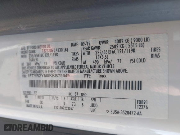 2019 Ford Transit with VIN 1FTYR2YM0KKB79949, listed as a IAAI auction lot 41746967 with 129,460 mi miles and . Bid and sale history available at DreamBid. Image 9.