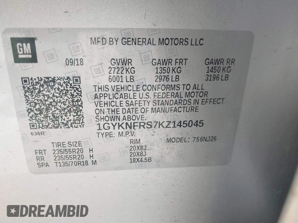 2019 Cadillac XT5 Premium Luxury AWD with VIN 1GYKNFRS7KZ145045, listed as a IAAI auction lot 39607961 with Not provided miles and . Bid and sale history available at DreamBid. Image 9.