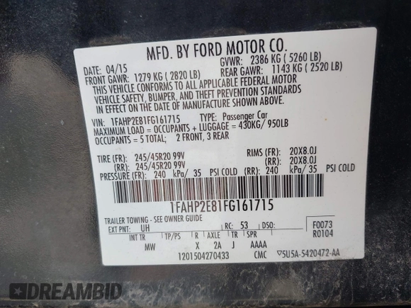 2015 Ford Taurus SEL with VIN 1FAHP2E81FG161715, listed as a IAAI auction lot 42503724 with 158,234 mi miles and . Bid and sale history available at DreamBid. Image 9.