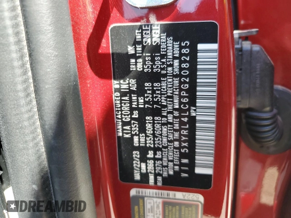 2023 Kia Sorento S with VIN 5XYRL4LC6PG208285, listed as a Copart auction lot 49927455 with 25,216 mi miles and Salvage Title. Bid and sale history available at DreamBid. Image 15.