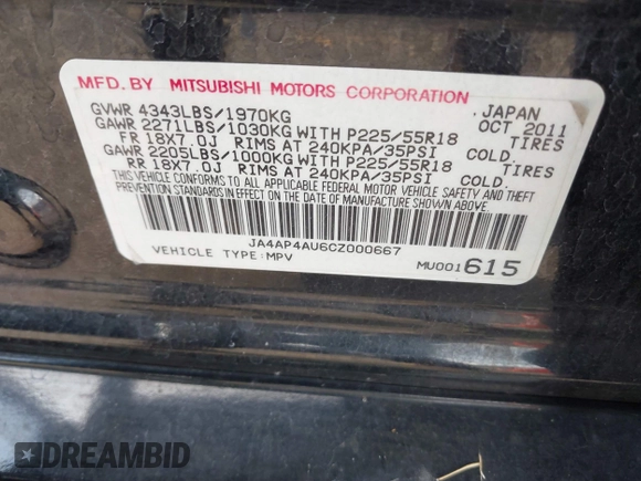 2012 Mitsubishi Outlander Sport SE with VIN JA4AP4AU6CZ000667, listed as a IAAI auction lot 41473935 with 195,414 mi miles. Bid and sale history available at carsss.com. Image 9.