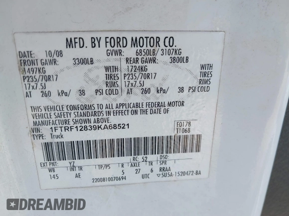 2009 Ford F-150 XL with VIN 1FTRF12839KA68521, listed as a IAAI auction lot 41307002 with 191,999 mi miles. Bid and sale history available at carsss.com. Image 9.