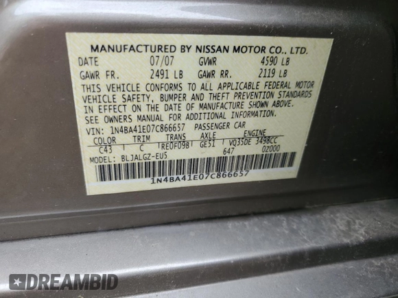 2007 Nissan Maxima 3.5 SE with VIN 1N4BA41E07C866657, listed as a Copart auction lot 71602784 with 71,496 mi miles and Salvage Title. Bid and sale history available at carsss.com. Image 12.
