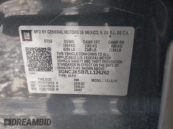 2020 Chevrolet Trax LS with VIN 3GNCJKSB7LL126262, listed as a IAAI auction lot 41601045 with 54,820 mi miles and . Bid and sale history available at DreamBid. Image 9.