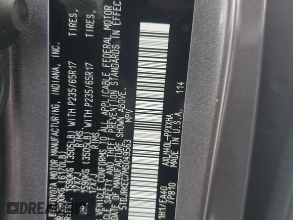 2021 Toyota Sienna XLE z VIN 5TDJRKEC7MS049563, wystawiony jako Copart lot #53114495 z przebiegiem 130 357 mil mil oraz Szkoda całkowita • Salvage title. Historia ofert i sprzedaży dostępna na DreamBid. Obrazek 13.