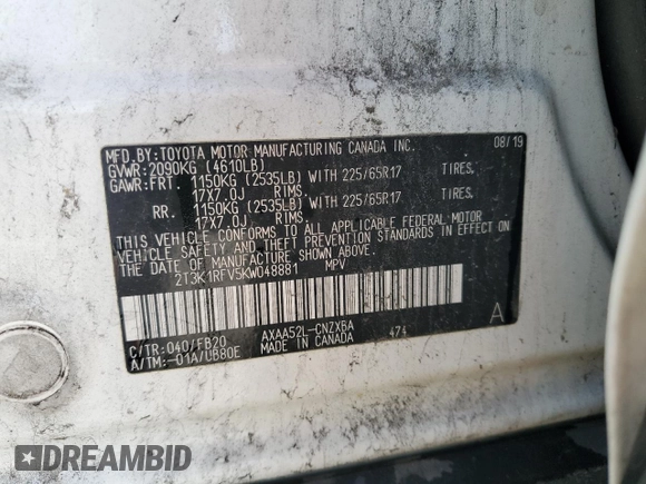 2019 Toyota RAV4 LE with VIN 2T3K1RFV5KW048881, listed as a Copart auction lot 51611345 with 128,428 mi miles and Non Repairable. Bid and sale history available at carsss.com. Image 14.