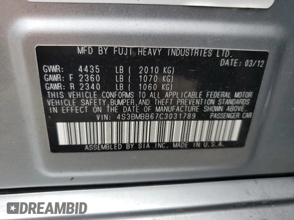 2012 Subaru Legacy Premium z VIN 4S3BMBB67C3031789, wystawiony jako Copart lot #60174345 z przebiegiem 105 468 mil mil oraz Czysty tytuł • Clean title. Historia ofert i sprzedaży dostępna na DreamBid. Obrazek 12.