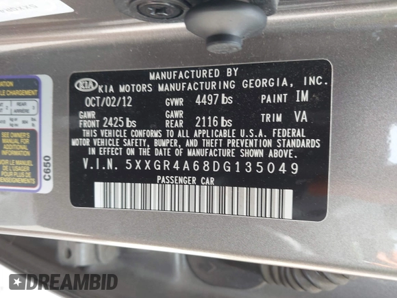 2013 Kia Optima SX с VIN 5XXGR4A68DG135049, выставлен на аукционе IAAI как лот 42551277 с пробегом 80 747 миль миль и . История ставок и продаж доступна на DreamBid. Изображение 9.