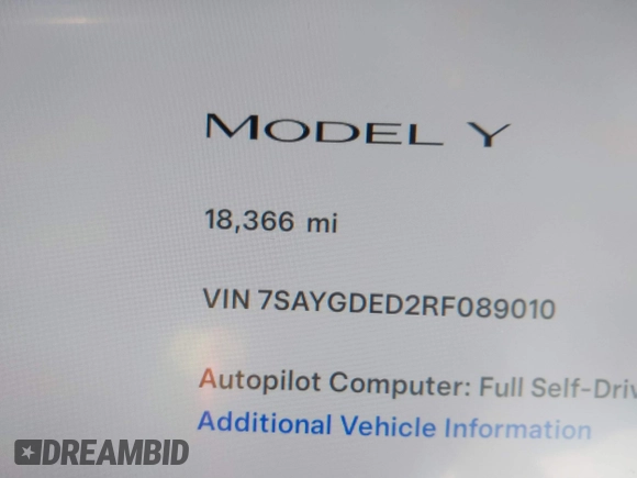 2024 Tesla Model Y with VIN 7SAYGDED2RF089010, listed as a IAAI auction lot 41630222 with 18,366 mi miles and . Bid and sale history available at carsss.com. Image 15.