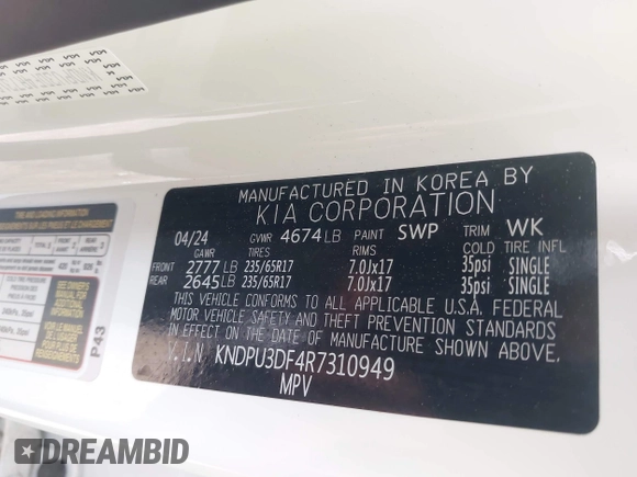 2024 Kia Sportage LX with VIN KNDPU3DF4R7310949, listed as a IAAI auction lot 41986958 with 27,566 mi miles and . Bid and sale history available at DreamBid. Image 9.