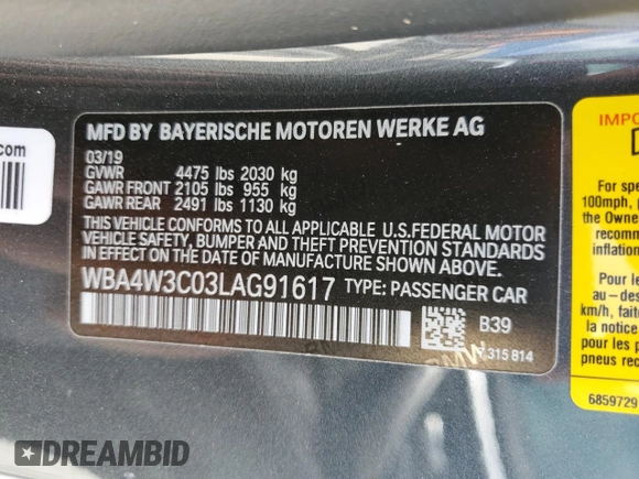2020 BMW 4 Series 430i with VIN WBA4W3C03LAG91617, listed as a Copart auction lot 48552845 with 59,706 mi miles and Salvage title. Bid and sale history available at DreamBid. Image 12.