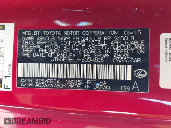 2015 Lexus RC 350 F Sport with VIN JTHSE5BC7F5004605, listed as a IAAI auction lot 41730394 with 68,713 mi miles and . Bid and sale history available at DreamBid. Image 9.