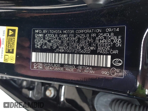 2015 Lexus ES 330 with VIN JTHBK1GG1F2156202, listed as a IAAI auction lot 42174703 with 119,758 mi miles and . Bid and sale history available at DreamBid. Image 9.