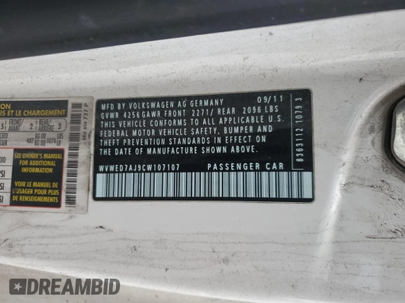 2012 Volkswagen GTI PZEV z VIN WVWED7AJ9CW107107, wystawiony jako Copart lot #43623155 z przebiegiem 193 560 mil mil oraz Szkoda całkowita • Salvage title. Historia ofert i sprzedaży dostępna na DreamBid. Obrazek 12.