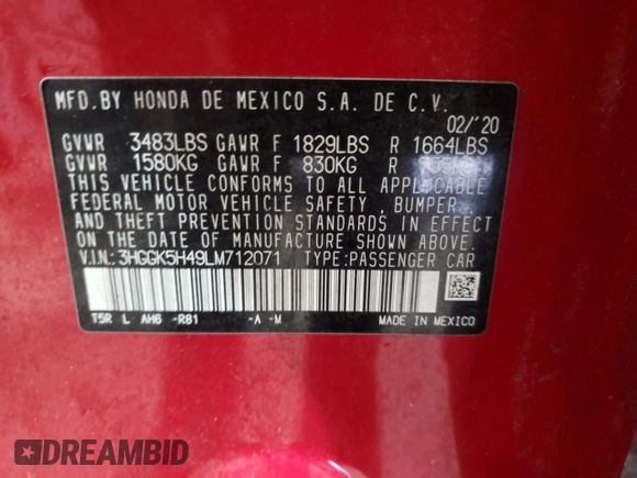 2020 Honda Fit LX with VIN 3HGGK5H49LM712071, listed as a Copart auction lot 58501545 with 44,259 mi miles and Non repairable. Bid and sale history available at DreamBid. Image 12.