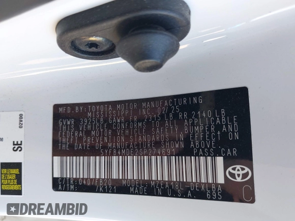2025 Toyota Corolla LE z VIN 5YFB4MDE2SP274691, wystawiony jako IAAI lot #42017890 z przebiegiem 2 738 mil mil oraz . Historia ofert i sprzedaży dostępna na DreamBid. Obrazek 9.