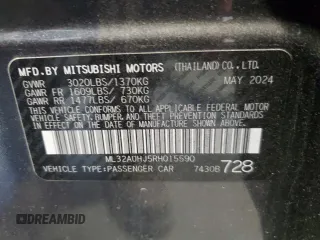 2024 Mitsubishi Mirage ES with VIN ML32AUHJ5RH015590, listed as a Copart auction lot 53115655 with 2,969 mi miles and Salvage title. Bid and sale history available at DreamBid. Image 14.