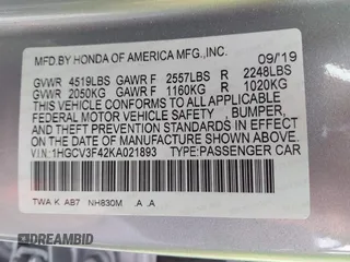2019 Honda Accord EX with VIN 1HGCV3F42KA021893, listed as a IAAI auction lot 42174613 with 94,061 mi miles and . Bid and sale history available at DreamBid. Image 9.