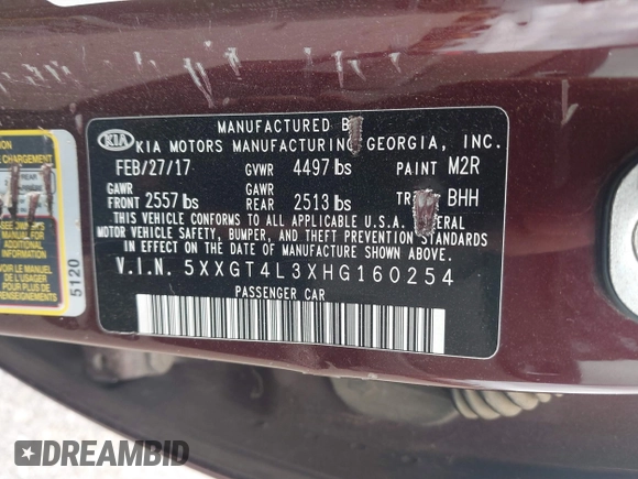 2017 Kia Optima LX with VIN 5XXGT4L3XHG160254, listed as a IAAI auction lot 41622748 with 80,012 mi miles. Bid and sale history available at carsss.com. Image 9.