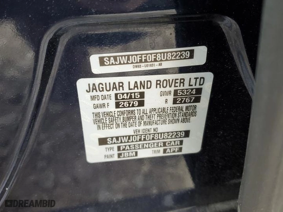 2015 Jaguar XF V6 Portfolio with VIN SAJWJ0FF0F8U82239, listed as a Copart auction lot 75601274 with 141,868 mi miles and Salvage Title. Bid and sale history available at carsss.com. Image 14.