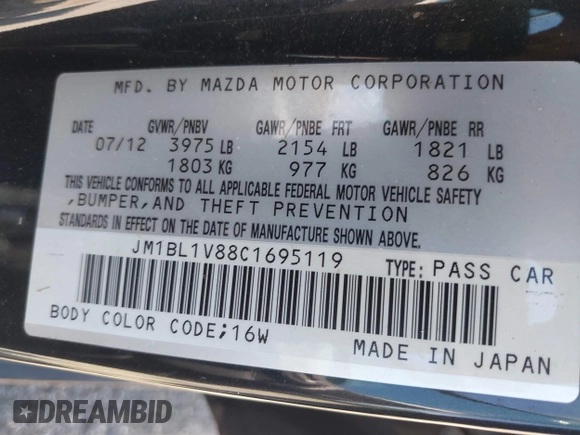 2012 Mazda 3 i Touring with VIN JM1BL1V88C1695119, listed as a IAAI auction lot 42767375 with 130,293 mi miles and . Bid and sale history available at DreamBid. Image 9.