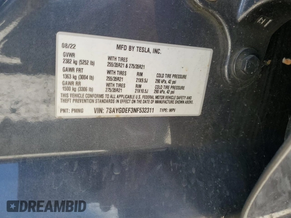 2022 Tesla Model Y Performance with VIN 7SAYGDEF3NF532311, listed as a Copart auction lot 62997535 with 60,530 mi miles and Salvage title. Bid and sale history available at DreamBid. Image 13.