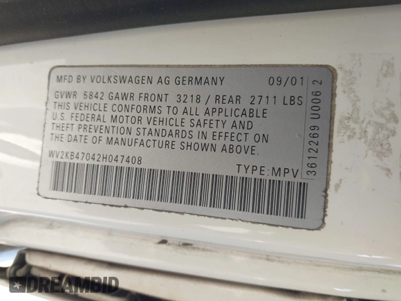 2002 Volkswagen EuroVan с VIN WV2KB47042H047408, выставлен на аукционе IAAI как лот 42007062 с пробегом 131 971 миль миль и . История ставок и продаж доступна на DreamBid. Изображение 9.