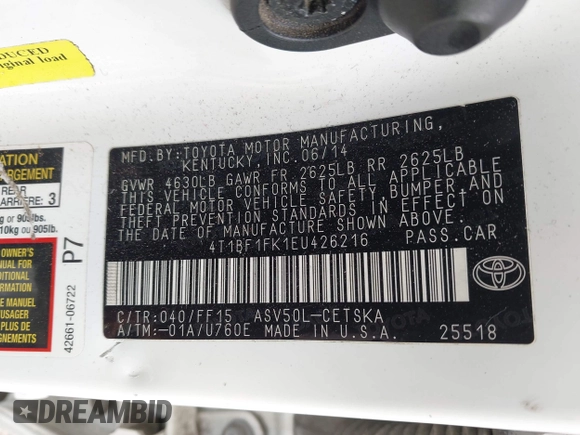 2014 Toyota Camry L with VIN 4T1BF1FK1EU426216, listed as a IAAI auction lot 42152479 with 210,388 mi miles. Bid and sale history available at carsss.com. Image 9.