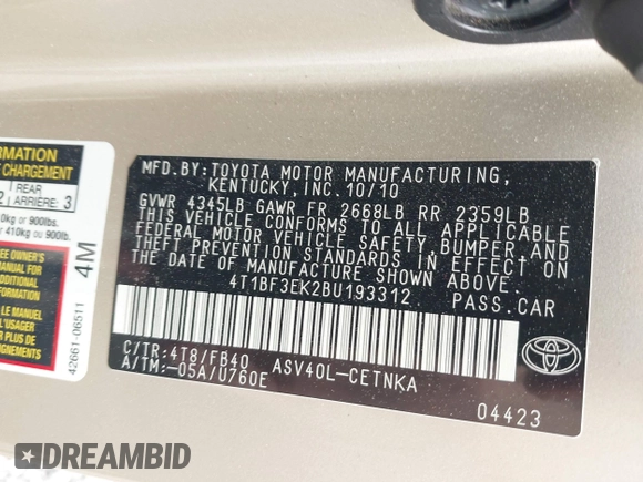 2011 Toyota Camry LE with VIN 4T1BF3EK2BU193312, listed as a IAAI auction lot 41912944 with 204,214 mi miles and . Bid and sale history available at DreamBid. Image 9.
