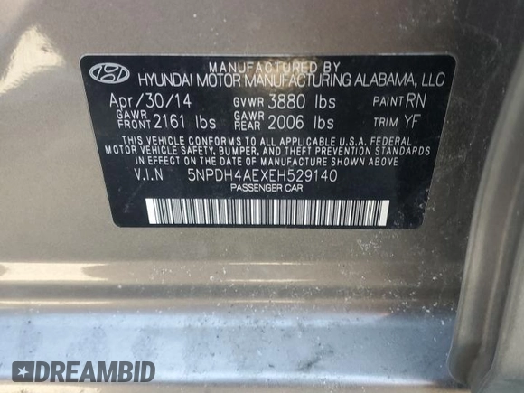 2014 Hyundai Elantra SE with VIN 5NPDH4AEXEH529140, listed as a Copart auction lot 52077465 with 82,686 mi miles and Salvage Title. Bid and sale history available at DreamBid. Image 12.