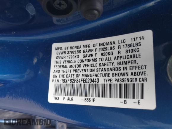 2015 Honda Civic Sedan EX with VIN 19XFB2F84FE020443, listed as a IAAI auction lot 42030422 with Not Provided miles. Bid and sale history available at carsss.com. Image 9.