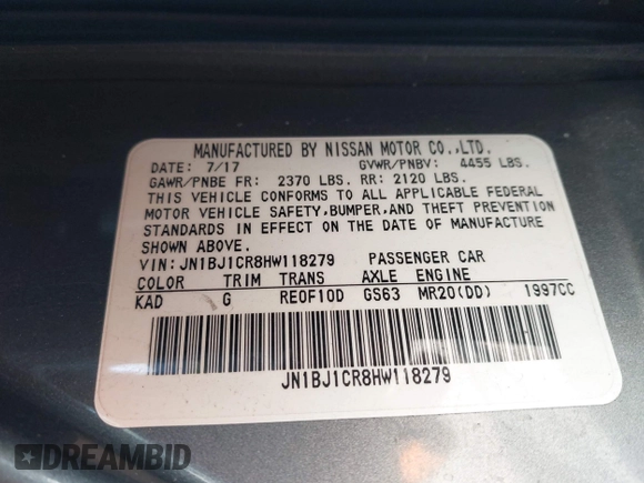 2017 Nissan Rogue SL with VIN JN1BJ1CR8HW118279, listed as a IAAI auction lot 41879325 with 38,780 mi miles and . Bid and sale history available at DreamBid. Image 9.