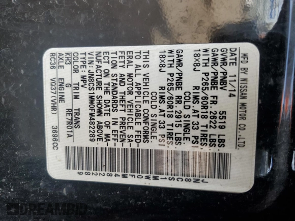 2015 Infiniti QX70 with VIN JN8CS1MW0FM482289, listed as a Copart auction lot 56597955 with 123,227 mi miles and Salvage title. Bid and sale history available at DreamBid. Image 14.