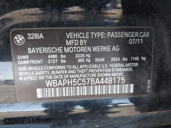 2011 BMW 3 Series 328i with VIN WBAPH5C57BA448175, listed as a IAAI auction lot 42096038 with 223,937 mi miles and . Bid and sale history available at carsss.com. Image 9.