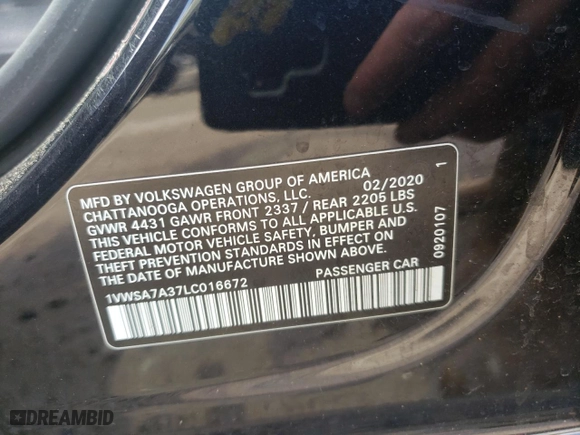 2020 Volkswagen Passat 2.0T SE with VIN 1VWSA7A37LC016672, listed as a Copart auction lot 51598285 with 134,298 mi miles and Salvage Title. Bid and sale history available at carsss.com. Image 12.