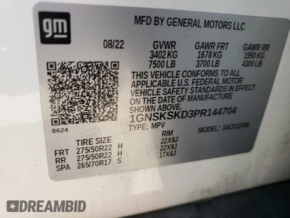 2023 Chevrolet Tahoe Premier with VIN 1GNSKSKD3PR144704, listed as a Copart auction lot 50347615 with 48,937 mi miles and Salvage title. Bid and sale history available at DreamBid. Image 16.
