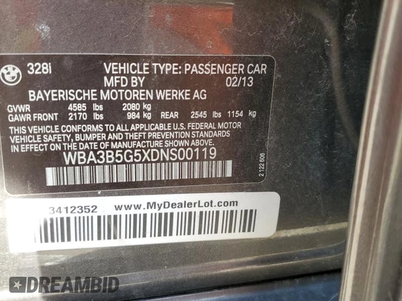 2013 BMW 3 Series 328i xDrive with VIN WBA3B5G5XDNS00119, listed as a Copart auction lot 53174195 with 82,215 mi miles and Salvage title. Bid and sale history available at DreamBid. Image 12.