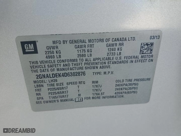 2013 Chevrolet Equinox LT with VIN 2GNALDEK4D6302876, listed as a Copart auction lot 46112065 with 189,737 mi miles and Clean Title. Bid and sale history available at carsss.com. Image 14.