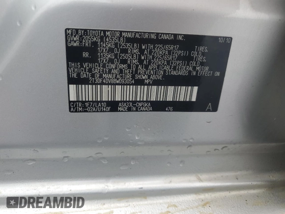 2011 Toyota RAV4 Limited with VIN 2T3DF4DV8BW093054, listed as a Copart auction lot 63282695 with 232,445 mi miles and Salvage title. Bid and sale history available at DreamBid. Image 13.