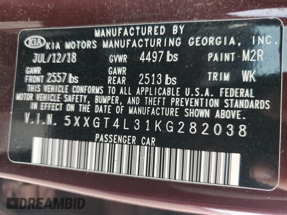 2019 Kia Optima LX with VIN 5XXGT4L31KG282038, listed as a Copart auction lot 45764855 with 53,126 mi miles and Salvage Title. Bid and sale history available at carsss.com. Image 15.