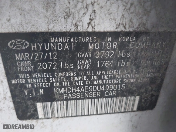 2013 Hyundai Elantra GLS PZEV with VIN KMHDH4AE9DU499015, listed as a IAAI auction lot 41938352 with 243,771 mi miles. Bid and sale history available at carsss.com. Image 9.
