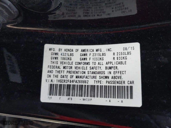 2015 Honda Accord Sedan EX-L with VIN 1HGCR2F84FA269862, listed as a IAAI auction lot 41857652 with 155,433 mi miles. Bid and sale history available at carsss.com. Image 9.