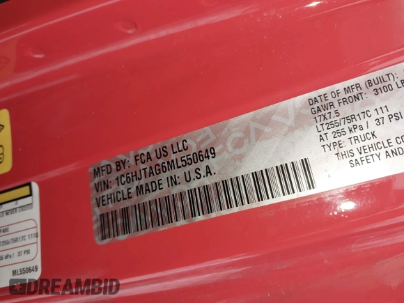 2021 Jeep Gladiator Willys с VIN 1C6HJTAG6ML550649, выставлен на аукционе IAAI как лот 41530585 с пробегом 119 002 миль миль и . История ставок и продаж доступна на DreamBid. Изображение 9.