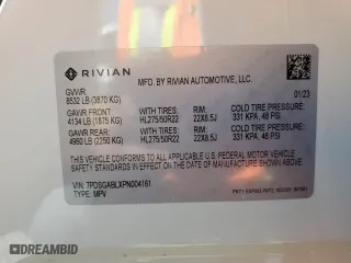 2023 Rivian R1S Launch Edition with VIN 7PDSGABLXPN004161, listed as a Copart auction lot 67390954 with 0 mi miles and Salvage Title. Bid and sale history available at carsss.com. Image 12.