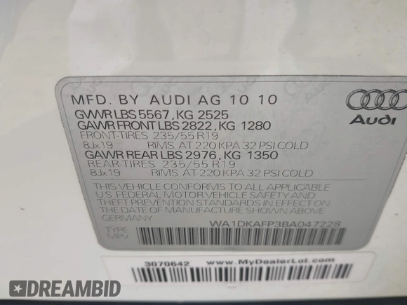 2011 Audi Q5 Premium Plus с VIN WA1DKAFP3BA047228, выставлен на аукционе IAAI как лот 42277254 с пробегом 141 585 миль миль и . История ставок и продаж доступна на DreamBid. Изображение 9.