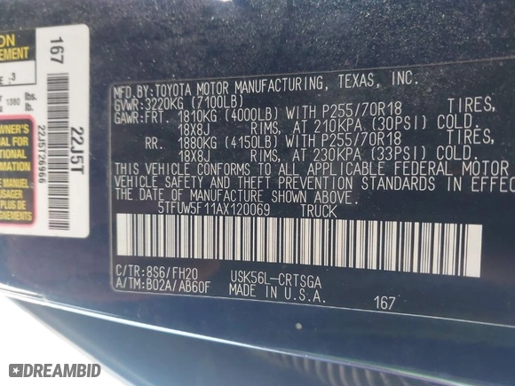 2010 Toyota Tundra 4WD Truck with VIN 5TFUW5F11AX120069, listed as a IAAI auction lot 41378490 with 413,655 mi miles. Bid and sale history available at carsss.com. Image 9.