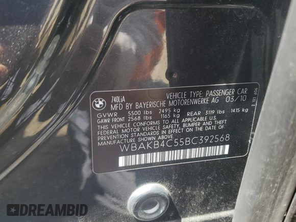 2011 BMW 7 Series 740Li with VIN WBAKB4C55BC392568, listed as a Copart auction lot 56785805 with 110,958 mi miles and Clean title. Bid and sale history available at DreamBid. Image 12.